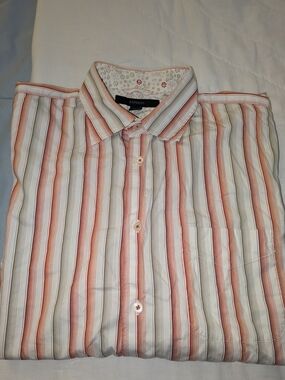 Express Men’s Striped Button-Down Shirt - White with Orange & Gray Stripes
